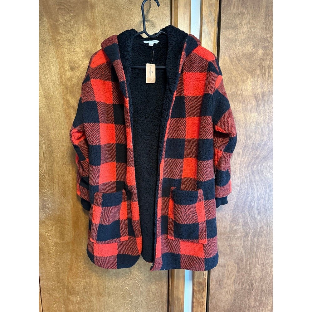 American Eagle Faux Sherpa Hoodie Sz. M NWT Red & Black Plaid